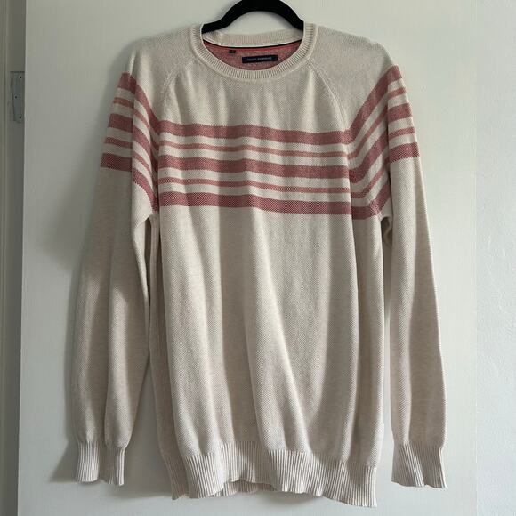 Adolfo Dominguez Men’s Striped Cotton Knit Sweater Cream Red Size 7 (Large) - Picture 1 of 9